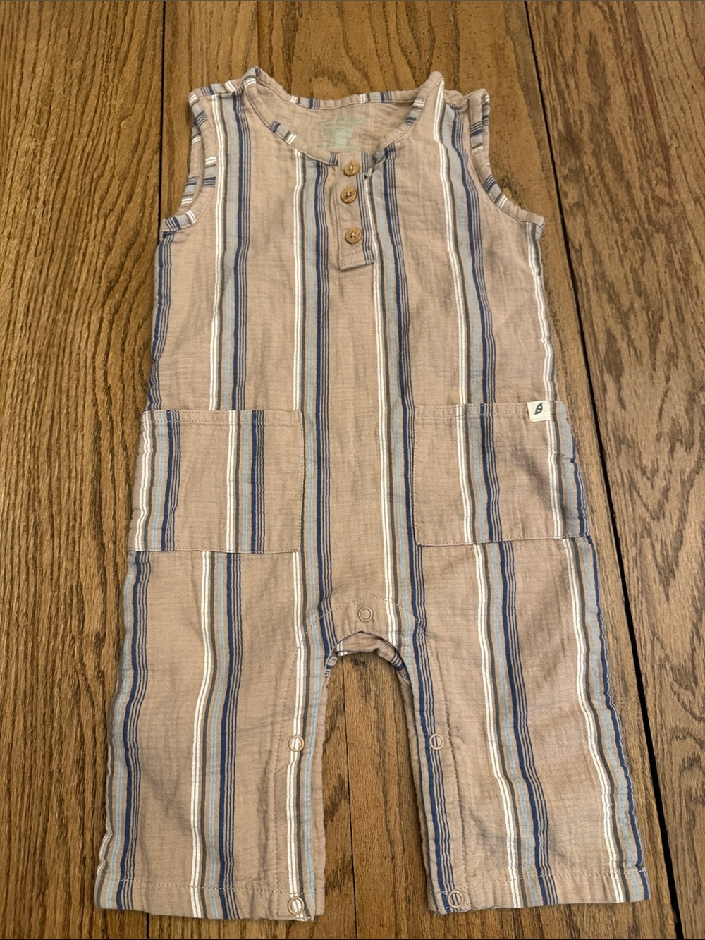 Easy Peasy Striped Beige & Blue Sleeveless Kids Romper Sz 24 mo. UU